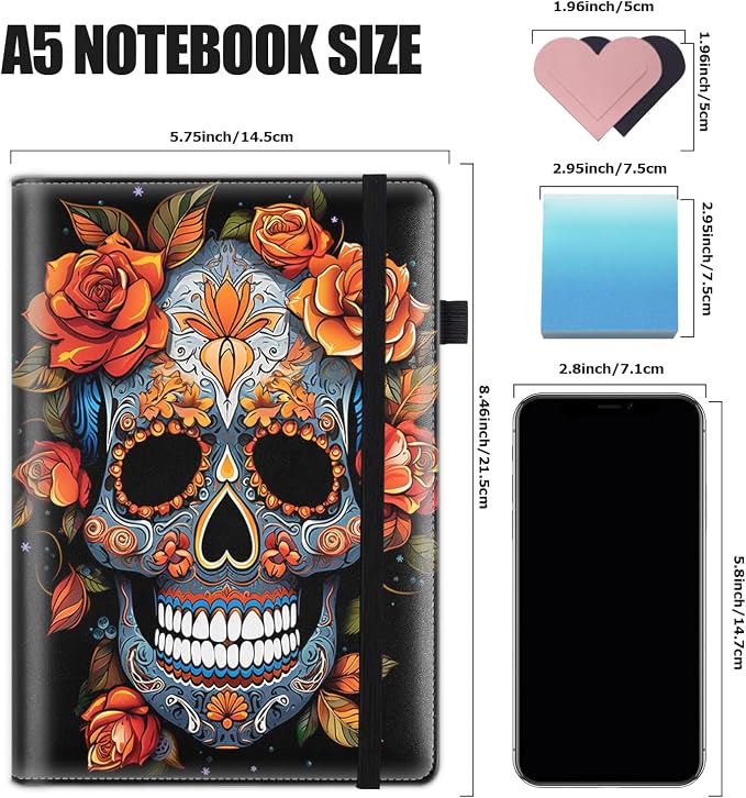 Hardcover Executive Notebooks, A5 PU Leather Lined Journal Notebook, 200 Pages Thick Paper Subject Notebooks for School,Work,Home Writing Business Notebook, Diary Book ， Sugar Skull Flower
