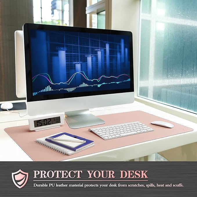 K KNODEL Large Sewing Leather Desk Mat, Desk Pad (Pink, 35.4" x 17") | Mouse and Keyboard Pad, PVC Computer and Laptop Mat, Desktop Protector and Cover, Writing Pad and Blotter for Home Office