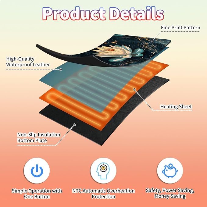 Heated Desk Pad Large Mouse Pad 31.5 x 13 inch with 3 Levels Heating & Auto Shut-Off Warm Mouse pad PU Leather Computer Mousepad for Home Office Work - Lotus Flowers