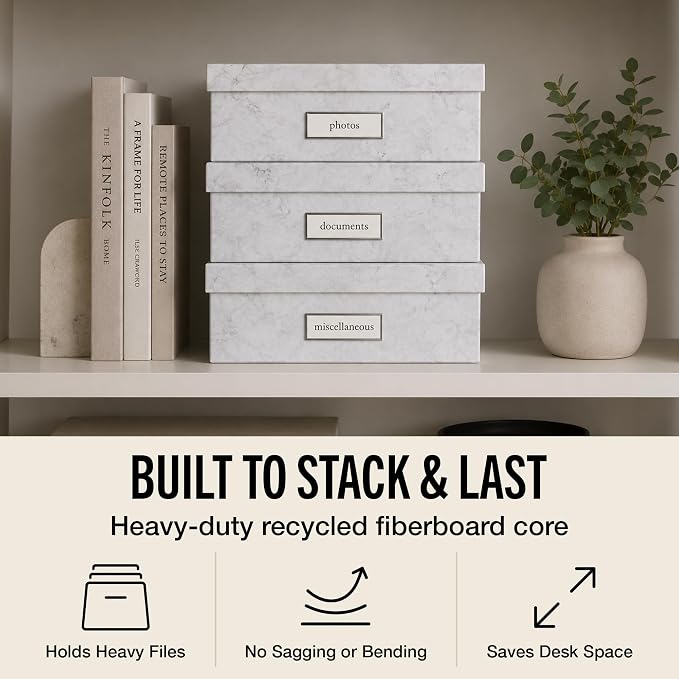 Bigso Oskar Fiberboard Label Frame Document Letter Box for Important Paperwork A4 or Letter Size - Durable Keepsake Box with Lid and Metal Label Holder - 3.3in x 10.2in x 13.8in - Marble