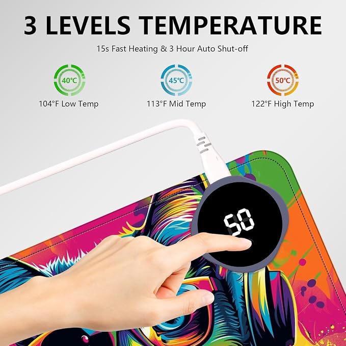 Heated Mouse Pad with 3 Levels Heated & 3 Hours Auto Shut-Off Mouse Pad for Warming Hands in Office Home, 23.6" x 14.2"Large Safe Desk Mat Hand Warmer，Colorful Eyeglass Cat