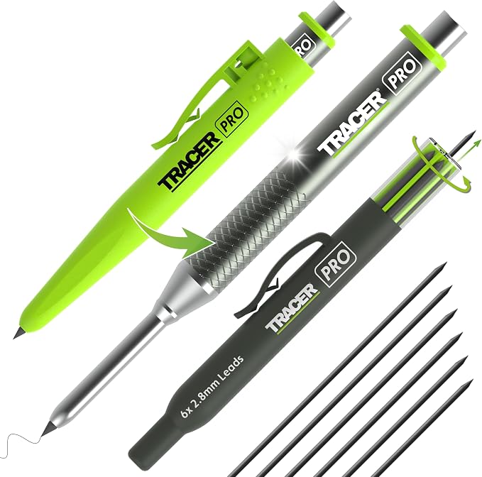 Tracer Pro Aluminum Deep Hole Construction Pencil - Durable Mechanical Carpenter Pencils Set with Sharpener & 6 Replacement Leads Holster Woodworking Marking Tool Contractor Pencil Kit