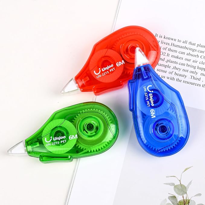 Unjoo White Correction Tape, For school, Office(12pack, 6Mx0.2,3 colors) | Easy To Use Applicator, Fast Clean Tear-Resistant Tape, 6M/256", Tape Width 0.2in