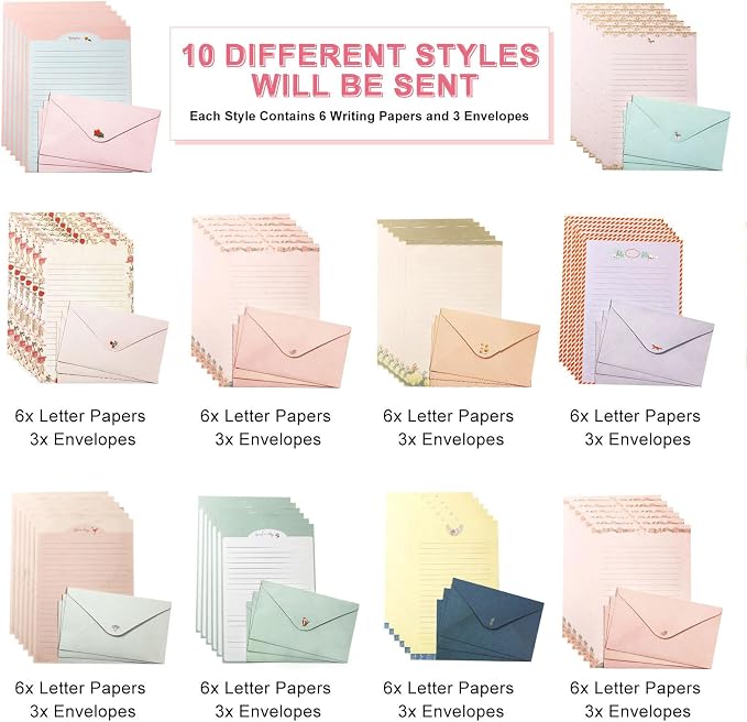 91 Pcs Stationery Paper Envelopes Set Includes 60 Lined Writing Stationery Paper & 30 Envelopes with 48 Round Dot Stickers, Cute Floral Letter Writing and Stationery Paper Envelopes (10 Style)