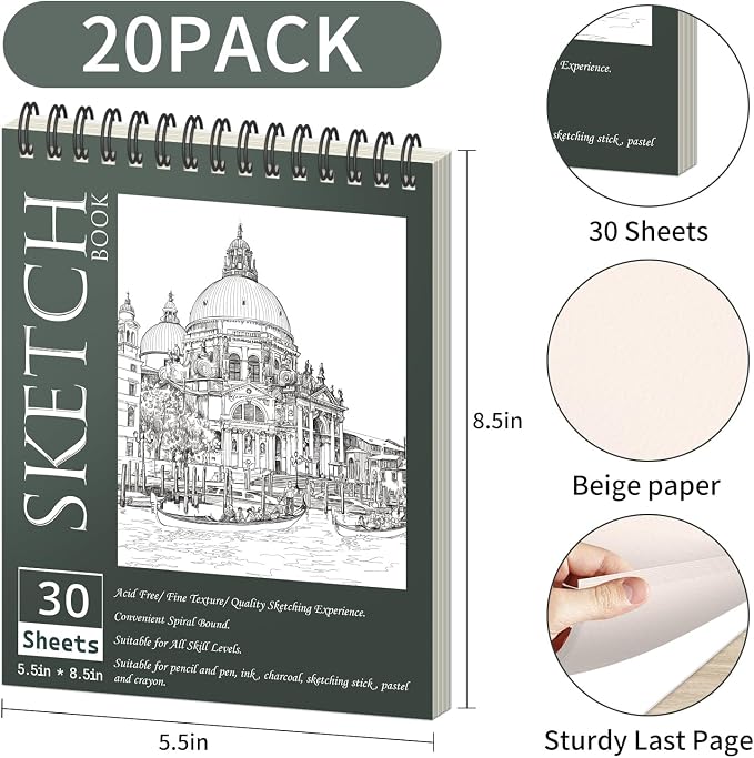 OSIMIG 20 Pack Sketch Books 5.5" x 8.5", Top Spiral Bound Sketch Pad, Mini Sketchbook Bulk for Kids, 600 Sheet Drawing Paper (68lb/100gsm), Drawing Pad for Beginger, Art Supplies