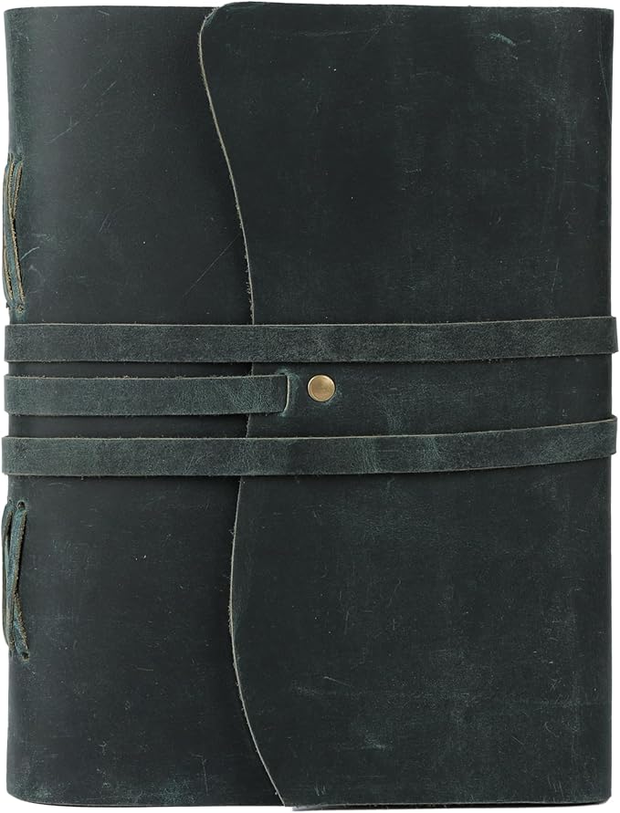 KomalC Handmade Leather Journal 7x5 Inch | Blue Vintage Notebook with Unlined Blank Paper | Antique Travel Diary, Writing Sketchbook for Men & Women