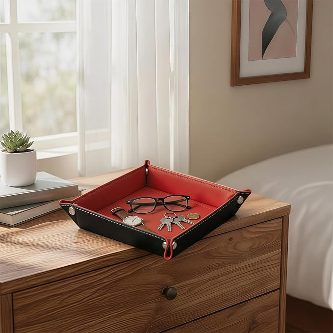Valet Tray Desktop Storage Organizer – Vegan Leather Catchall Tray Bedside Vanity Tray Nightstand Caddy Holder for Remote Controller, Watch, Keys, Phone, Wallet, Coin, Jewelry, Red