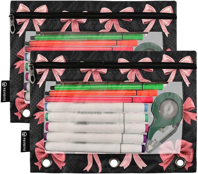 Pink Red Bow Black Pencil Pouch for 3 Ring Binder 2 Pack Zipper Binder Pencil Bag Case with Clear Window Office Supplies