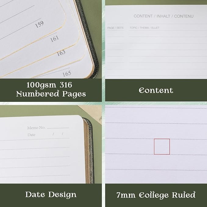 MGGAO Lined Journal Notebook for Women Men, A5 Aesthetic Notebook | 316 Numbered Pages, Golden Edges, Faux Leather, College Ruled, Hardcover, for Writing, Note Taking, School & Office
