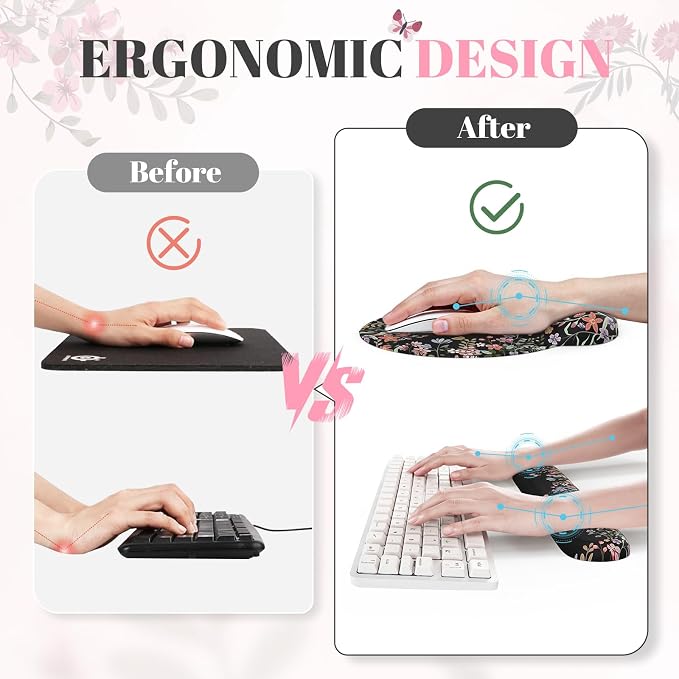 iCasso Desk Mat Set,Large Mouse Pad with Wrist Rest,Ergonomic Keyboard Wrist Support for Women,Girly Floral Computer Mat with Scalloped Edges,Non-Slip Desk Pad Home Office Gaming (Black)