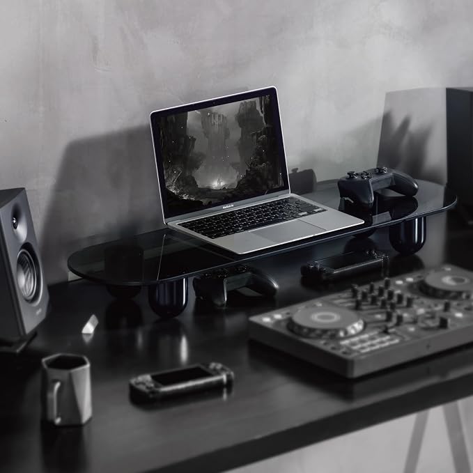 Fenge Computer Monitor Stand with Solid Beech Wood Legs, 34 Inch | Black Tinted Tempered Glass Panel, 5-Min Tool-Free Assembly, Oval Monitor Riser for Art Spaces, Studios, Home Office