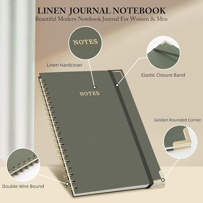 B5 Spiral Notebook Journal, (6.9×9.8'' ) 100 Pages 50 Sheets Linen Hardcover College Ruled Journaling For Work & Note Taking Thick Spiral Journal For Writing Daily Journal For Women & Men -Green