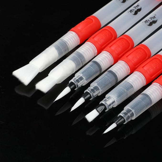 Mr. Pen- Watercolor Brush Pens, 6 pcs | 3 x Point Tips and 3 x Flat Tips Styles, Nylon Bristles, Refillable Watercolor Pens for Acrylic, Gouache, Crayons