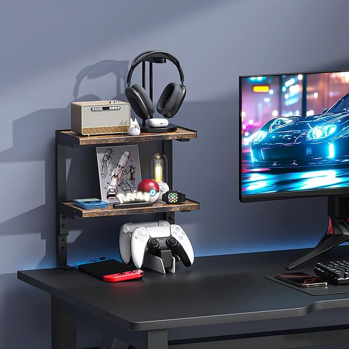 2-Tier Desk Shelf Desk Organization, Wood | Expandable Under Desk Storage Clamp on Desk Shelf Desktop Accessories for Offices Study Rooms and Game Rooms