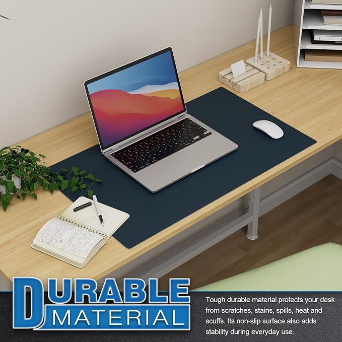K KNODEL Small Office Desk Mat, Leather Mouse Pad (23.6"x13.8", Dark Blue) | Desk Pad, Keyboard Pad, Computer and Laptop Mat, Desktop Protector and Cover, Writing Pad and Blotter for Home Office
