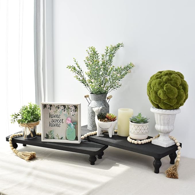 Ikee Design 2 Pcs Set Wooden Display Riser, Cupcake Dessert Display Riser, Countertop Centerpiece Dessert Serving Stand, Artificial Plant Stand for Garden, Farmhouse Decor, Black Color