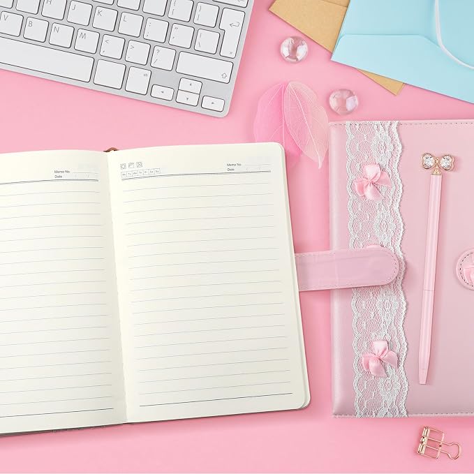 Thenshop Pink A5 Lined Leather Journal Notebook for Women, Hardcover Bow Lace Journal Set with Crystal Bow Pen and Black Gift Box, 160 Pages Thick Paper, Pink Diary for Writing Travel Business Office