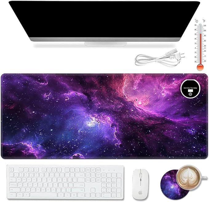 Warm Desk Pad,Heated Desk Pad,Office Mat,3 Heating Levels & 3 Hours Auto Shut-Off,31.5"*13" Gaming Mouse Laptop Keyboard Leather Desk Mat,Purple Galaxy Glliter