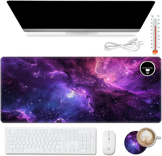 Warm Desk Pad,Heated Desk Pad,Office Mat,3 Heating Levels & 3 Hours Auto Shut-Off,31.5"*13" Gaming Mouse Laptop Keyboard Leather Desk Mat,Purple Galaxy Glliter