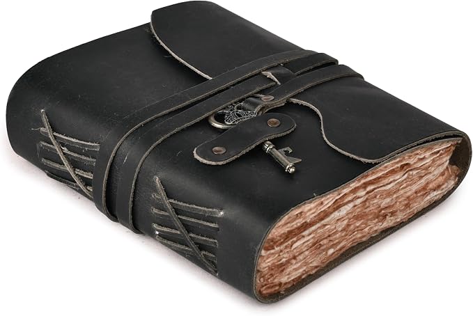 LEATHER VILLAGE Vintage Leather Journal – 200 Handmade Vintage Deckle Edge Paper – Leather bound Journal For Women Men – Vintage Key Closure - Book of Shadows - Black - 6X4 inches (A6)