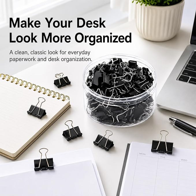 Binder Clips Assorted Sizes, Durable Metal Binder Clips for Office, Cute Desk Supplies for Teachers Student (60, Black)
