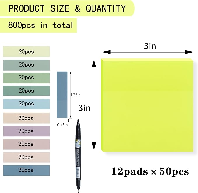 YOUDEFUL 800Pcs Transparent Sticky Notes, Bright Yellow Clear Sticky Notes, 3"x3" Waterproof Translucent Sticky Note Pads, Index Tabs, Clear Post it Notes for Bible Study, See Through Sticky Notes