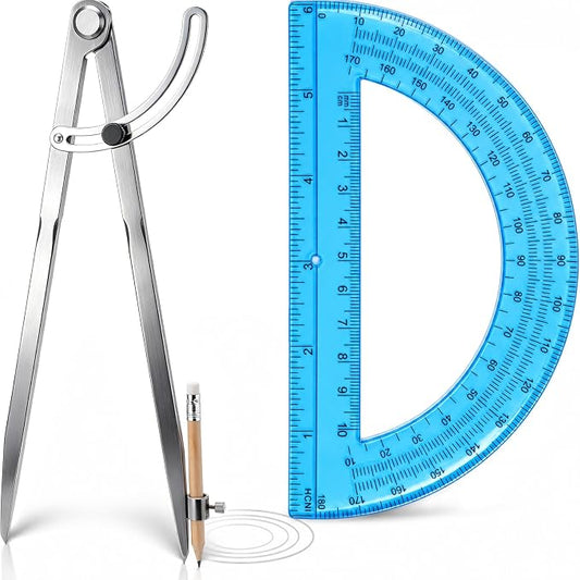 Zonon Professional 12 Inch Large Compass with Wing for Woodworking and 6 Inch Protractor Set, Pencil Compass for Geometry Math Carpenter, Drafting, Drawing Tool (Blue)