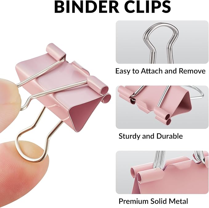 NEEWAY 100 Count Binder Clips Assorted Sizes, Paper Binder Clips (0.6inch 0.75inch 1inch), Metal Paper Clamps for Office and Home (Pink)