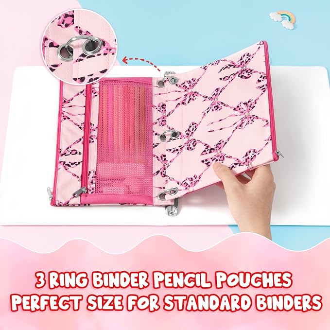 WAWSAM Bow Pencil Pouch for 3 Ring Binder, Zipper Pencil Pouches for Girls | 2 Pocket Clear Window Pencil Case, 3 Ring Pencil Pouch for School Supplies, Pencil Bags for Office College