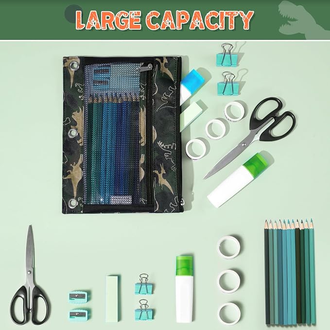 WAWSAM Dinosaur Pencil Pouch for 3 Ring Binder, Zipper Pencil Pouch for Boy | 2 Pocket Clear Window Pencil Case, 3 Ring Pencil Pouch for School Supplies, Pencil Bags for Office College