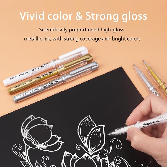 Gold Silver White Ink Gel Pens, 1mm Medium Fine Point, Opaque archival Ink Pen for Dark Paper Drawing,Sketching, Illustration, Card Making, Bullet Journaling (Assorted Color - 6 Packs)