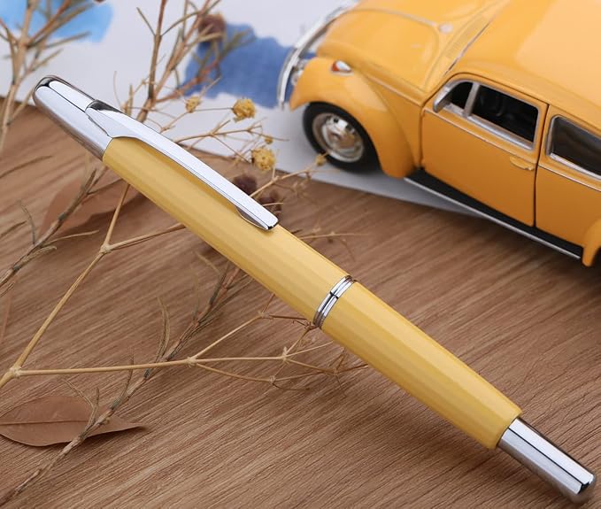 erofa Majohn A2 Press Fountain Pen Extra Fine Nib with Box, Retractable Yellow Resin Ink Pen with Converter Writing Pen Set (Silver Clip Version