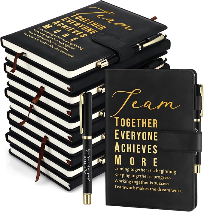 Kosiz 20 Pcs/10 Sets Employee Appreciation Gift Bulk A5 Leather Notebook Inspirational Journal Pen Thank You Gift for Men Women Coworker Teacher Office Back to School(Black,Team)