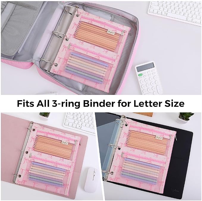 SKYDUE 3 Ring Pencil Pouch for Binder, Zipper Binder Pencil Pouch with 3 Pockets and Mesh Window, Durable Organizer for School Supplies, Cables, Earbuds, Makeup