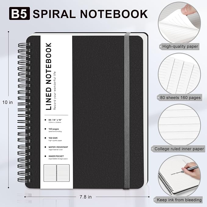 ABERLLS Lined Spiral Journal Notebook with 160 Pages, 7.8×10in, B5 Spiral Notebook, Journaling Notebooks for Work, School, Women, Men, College Ruled Spiral Notebook, Hardcover Leather Journals, Black