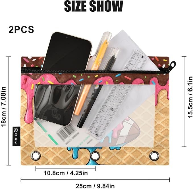 Gredecor 3 Ring Binder Pencil Pouch, American Football Ice Cream Zippered Pen Case Pouches with Clear Window, 2 Pack Stylish Office & School Supplie