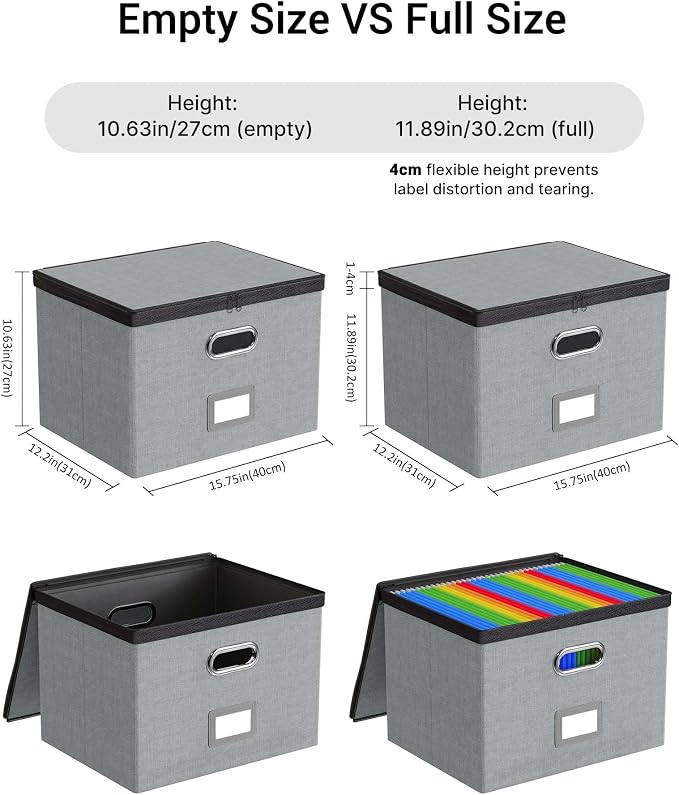 Oterri File Box Large 2-Pack Hanging Organizer for Letter/Legal-Size Folder | Dustproof Lid. 3 Mesh Pockets. Collapsible Scratch-Resistant GRS Linen. Slide Rails. Office, Home, Dorm