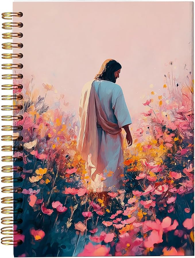 bitCNY Inspirational Jesus Notebook 8.3x5.5 Inch – Jesus in Flower Garden Spiral Journal, Pastel Christian Notebook with Lined Pages for Prayer & Study