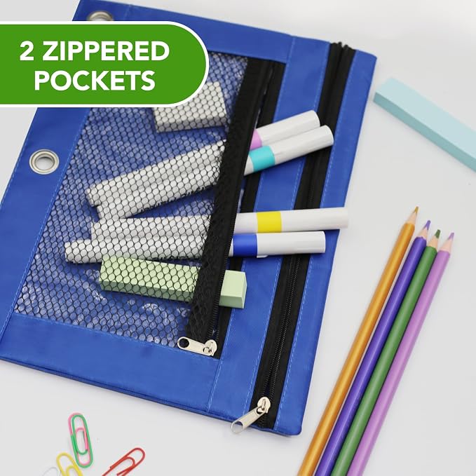 Pencil Pouch for 3 Ring Binder, Heavy Duty Canvas Dual Zipper Pen Bag with Clear Window, Smooth Metal Zipper, Fit Standard 3-Ring Binders for School Office Travel Supplies (Blue)