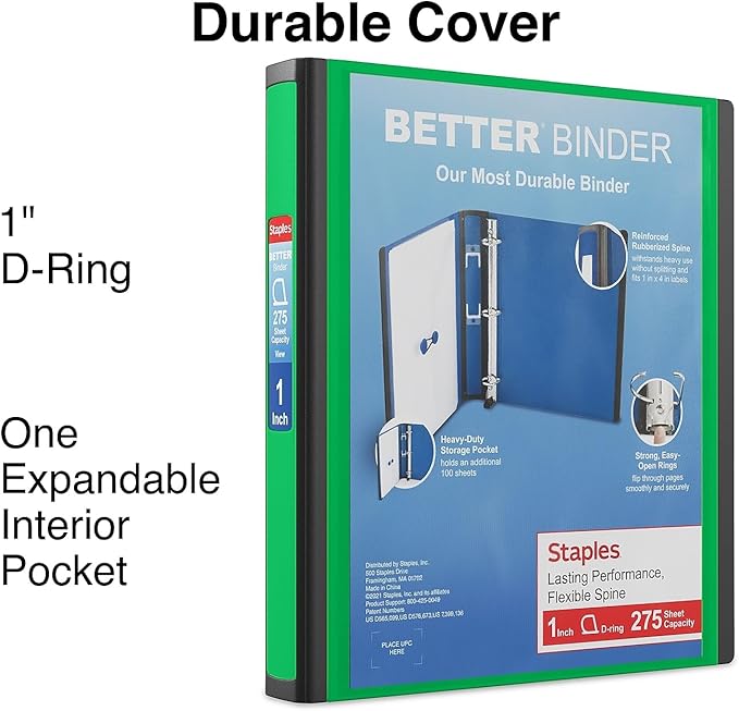 Staples Better Binder, 1" D‑Ring Heavy‑Duty 3‑Ring Binder, Green, Reinforced Spine, 275‑Sheet Capacity, Durable for School, Office & Reports, 3‑Pack