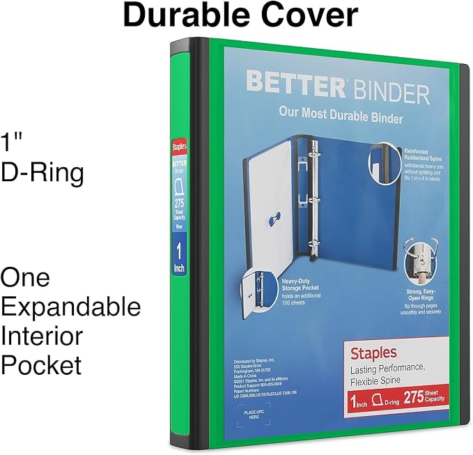 Staples Better View 1-Inch D-Ring Binder, Green – Durable 3-Ring Binder with Clear Overlay for School & Office