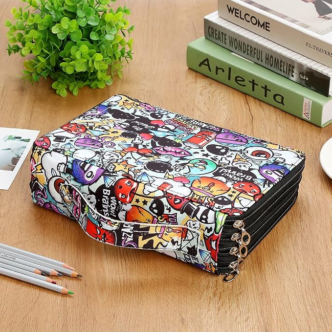 200 Slots Colored Pencil Case Organizer, 4 Layer Bag | Twill Oxford fabric,203 elastic loops,detachable handle,for travel, home storage,drawing tools,creative gifts