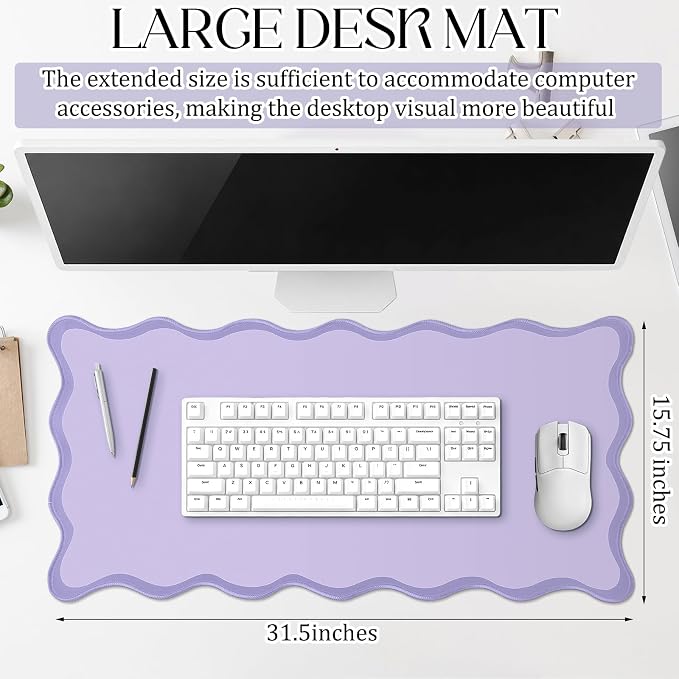 Hahafelt Scalloped Desk Mat Large Desk Pad Cute Coquette Table Mat Back to School Preppy Table Make up Pad Nonslip Graduation Gift with Stitching Waterproof Gaming(Purple,31.5 x 15.8 Inches)