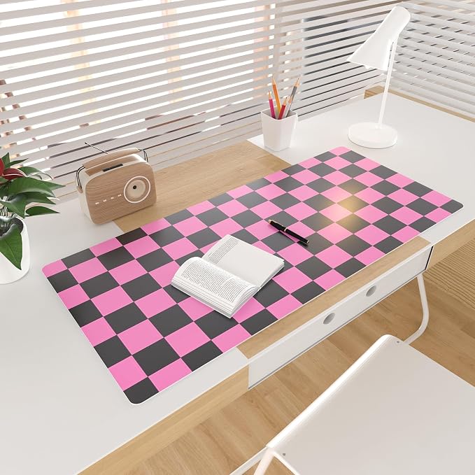 Colorful Star Black Pink Plaid PU Leather Mouse Pad, 31.5" x 15.7" | Waterproof Office Desk Mat, Non-Slip Gaming Mouse Pad, XXL PC Laptop Protector Pads, Desk Writing Pads for Office Home