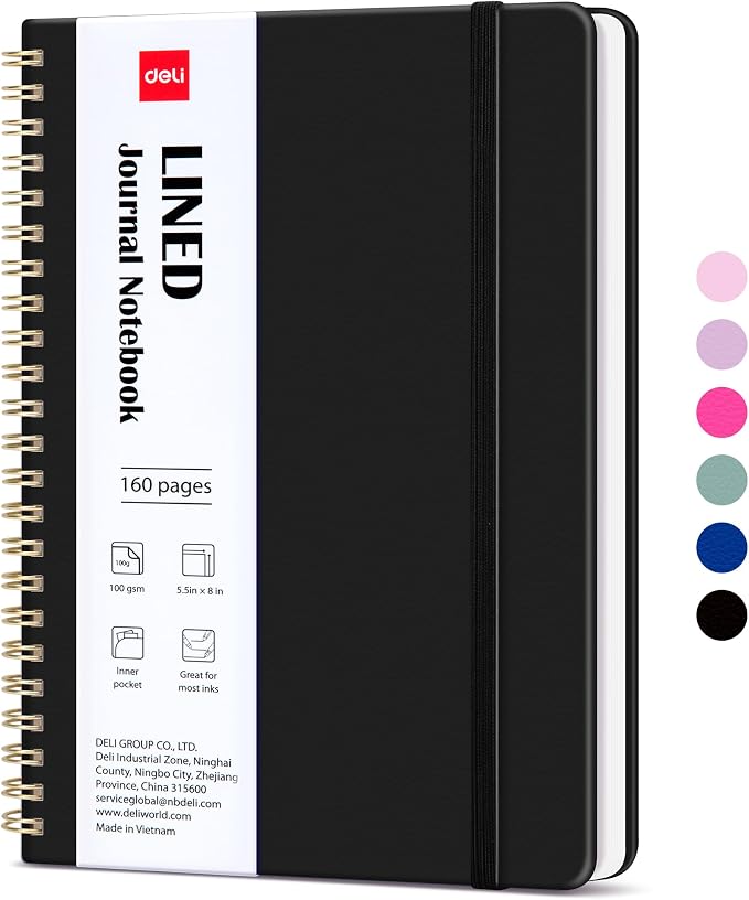 deli Black Lined Spiral Journal Notebook, 160 Pages, A5 (5.5"x8") Hardcover Writing Notebook, College Ruled Spiral Bound Journal for Women & Men - Perfect for Work, School, Office & Note Taking