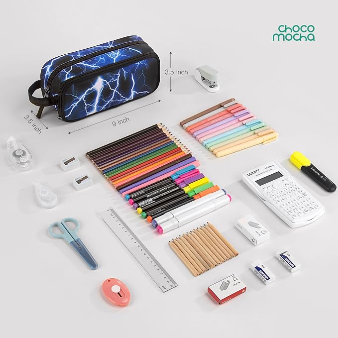 Choco Mocha Boys Pencil Case for Kids, Soft Large Zipper Pencil Pouch for Boys with 2 Compartments Boy Pencil Case for School Lightning Pencil Bag, Blue
