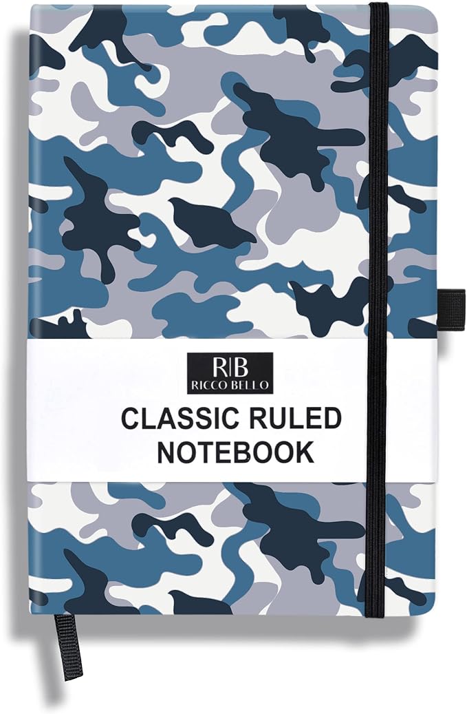 RICCO BELLO Lined Journal Notebook, Blue Camo, 5.7 x 8.4-Inches | Faux Leather Hardcover, Pen Holder, College Ruled, 96 Sheets / 192 Pages, For Work & Notes