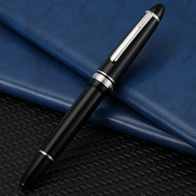 erofa Majohn P136 Piston Fountain Pen 1.1mm Stub Nib with Box, Black Resin Writing Pen Set