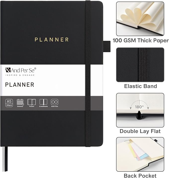 And Per Se Undated Academic Planner, Weekly & Monthly Planner with Goal & Habit Tracker, A5 Hardcover, Black