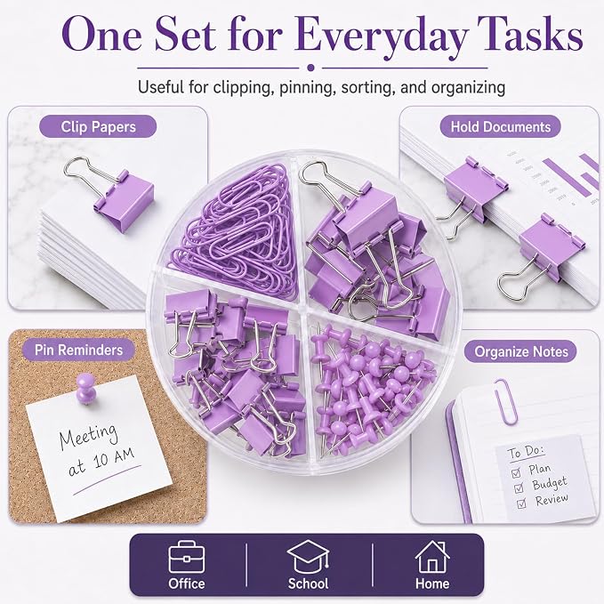 Purple Binder Clips and Paper Clips Push Pins Tacks Sets, Total 72 PCS Assorted Sizes Office Supplies Set for Women, Student, School, Home & Desk Supplies
